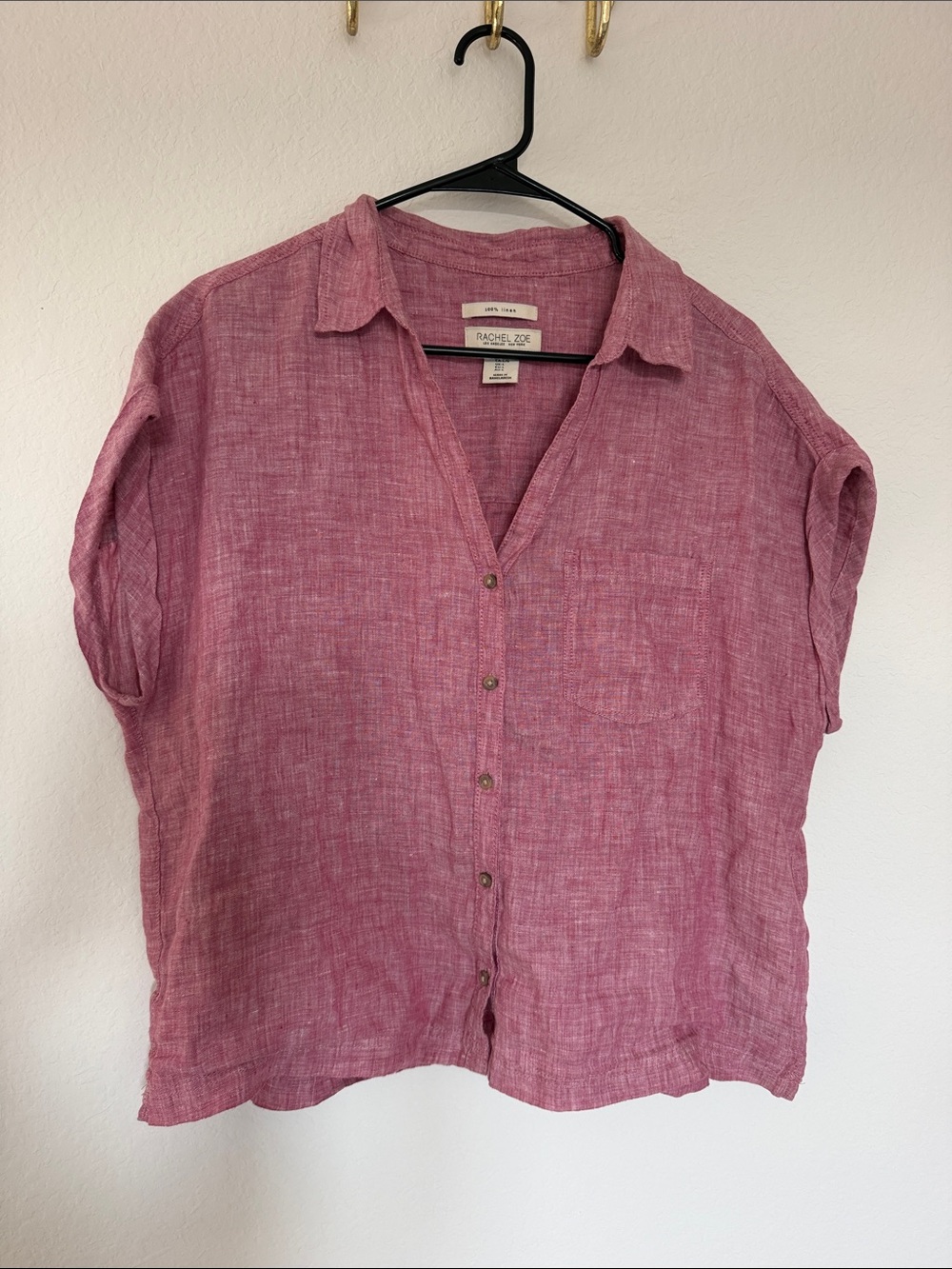 Rachel Zoe Button Down Shirt Womens Pink 100% Linen Short Sleeve Pocket Sz Large